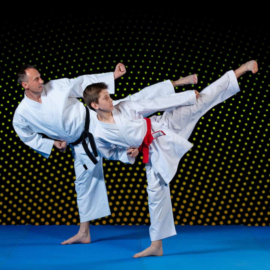 Martial Arts Lessons for Families in Huntington Station NY - Dad and Son High Kick